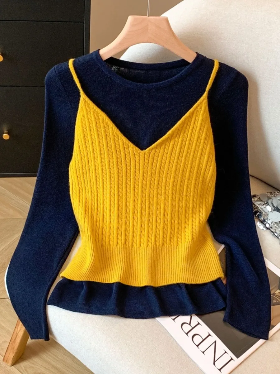 Zachte Lange Sve V-Ne Dames Gebreid Vest En Top Set Koreaanse Sle Pendelen Wollen Tweedelig Pak Herfst collectie