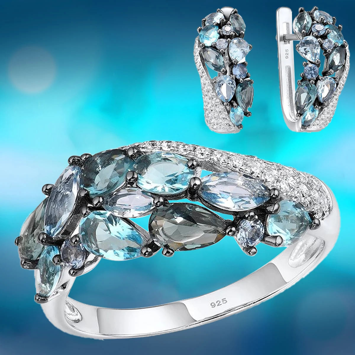 Luxury Aquamarine Crystal Jewelry Set Wedding Engagement Ring Earrings Set Valentines Day Gift Jewelry Conjuntos De Joyeria