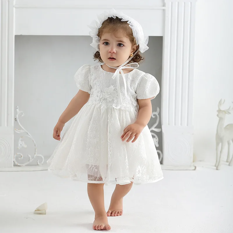 White Lace Baby Dresses + Hat For Christening 0 To 12 24 Months First Birthday Toddler Girl Clothes Infant One-piece Gown