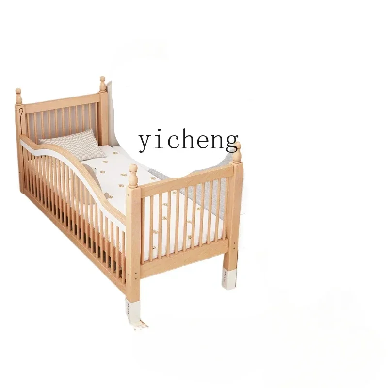 Solid Wood Children's Splicing Bed Beech Crib Splicing Bed Adjustable Heightening Guardrail
