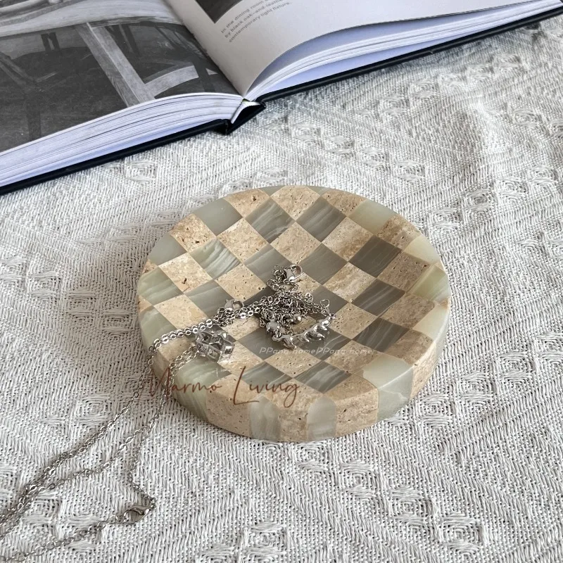 

French light luxury style girls' jewelry storage plate desktop natural marble small ornaments round decorative small tray