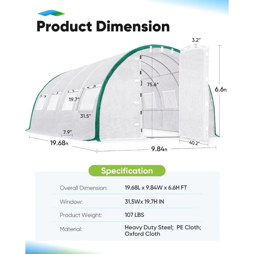 20x10x6.6 FT Premium Greenhouse for Outdoors with 2 Door Frames, Reinforced Top Structure & Cover, Customized