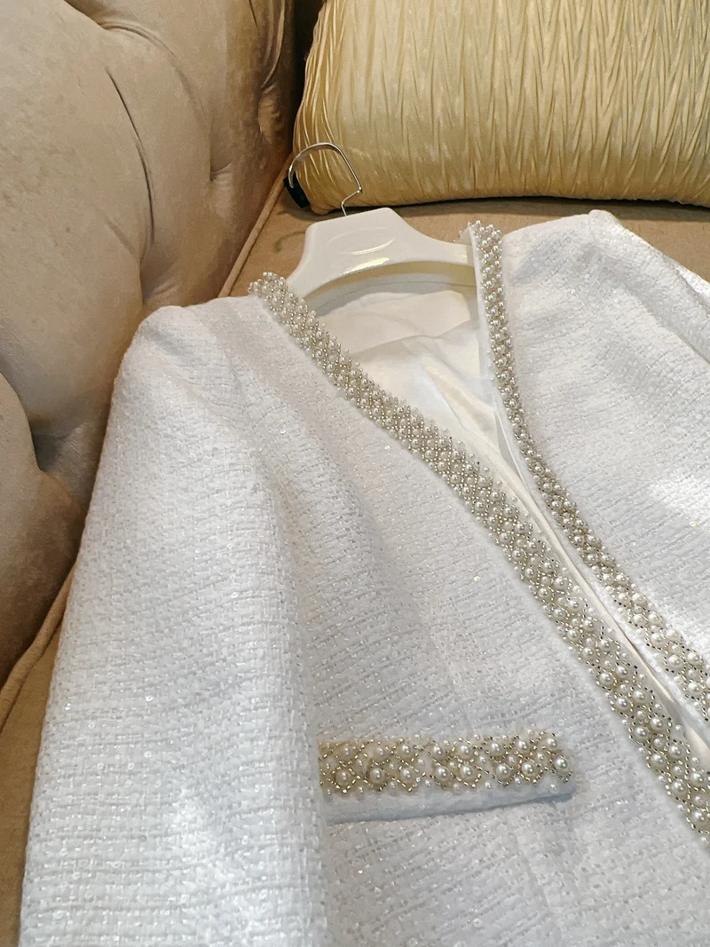 

Ele Heavy Embellied ort Пальто Весна Осень High Faion Ladylike Sle Pure Color Commute round Ne Long Sve Wome...