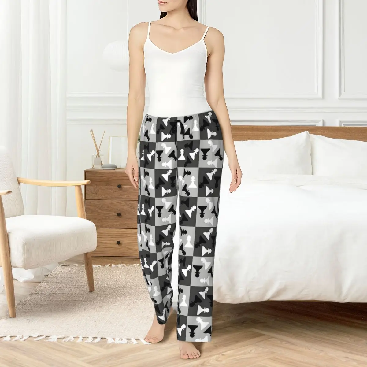 Custom Print Women Chess Board Pajama Pants Chess Game Sleepwear Sleep Lounge Bottoms with Pockets
