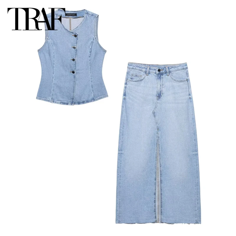 

TRAF Elegant Denim Skirt Sets 2025 Women's Spring 2 Pieces Tank Vest Tops Long Skirts Fashion Casual Party Skirt Sets Outift