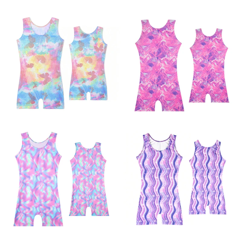 Justaucorps pour filles, gymnastique, brillant, extensible, tie-dye, sans manches, combinaison de danse pour enfants, entraînement de danse classique