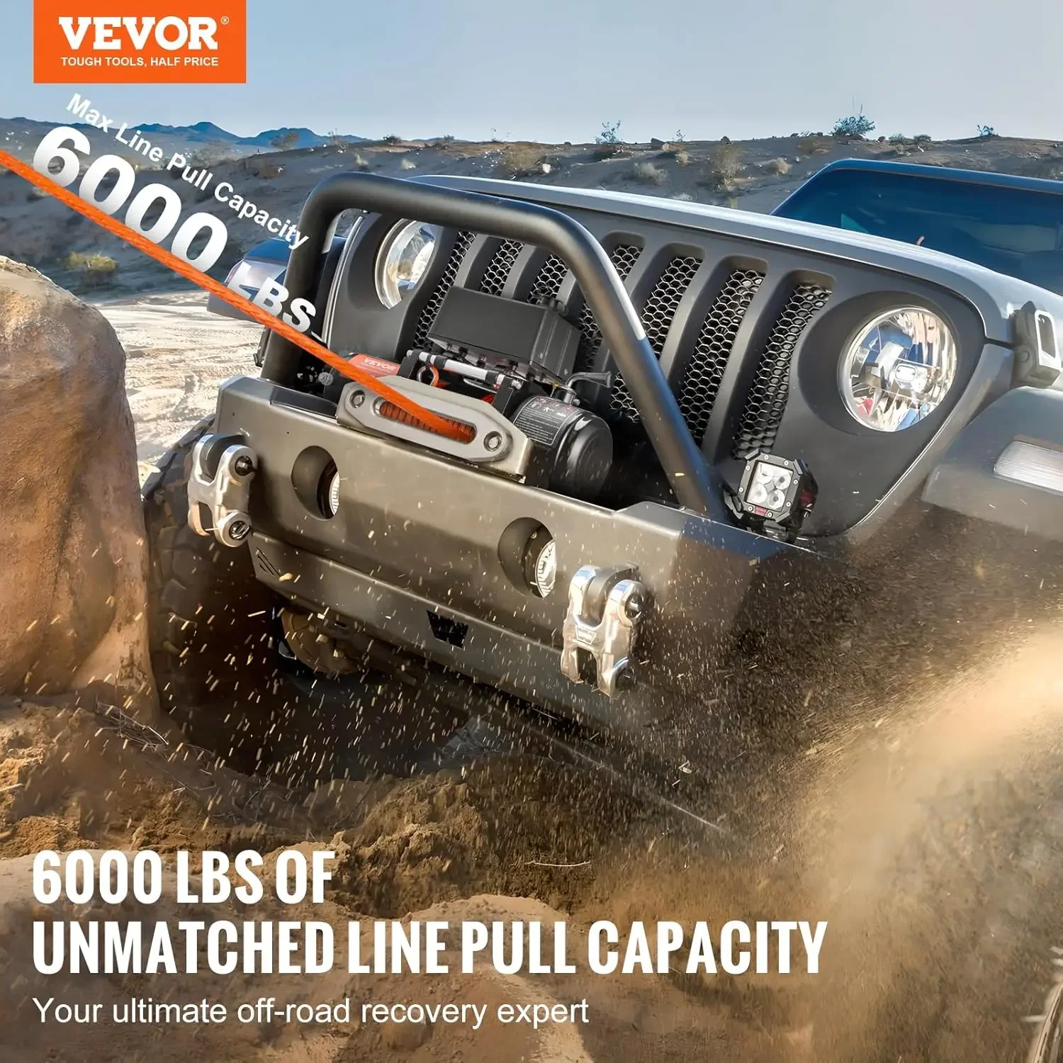 VEVOR 6000 lb 1/4 Electric, 12V DC Winch with Φ1/4 in x 55 ft Synthetic Rope Aluminum Fairlead Wireless & Wired Remote Control,