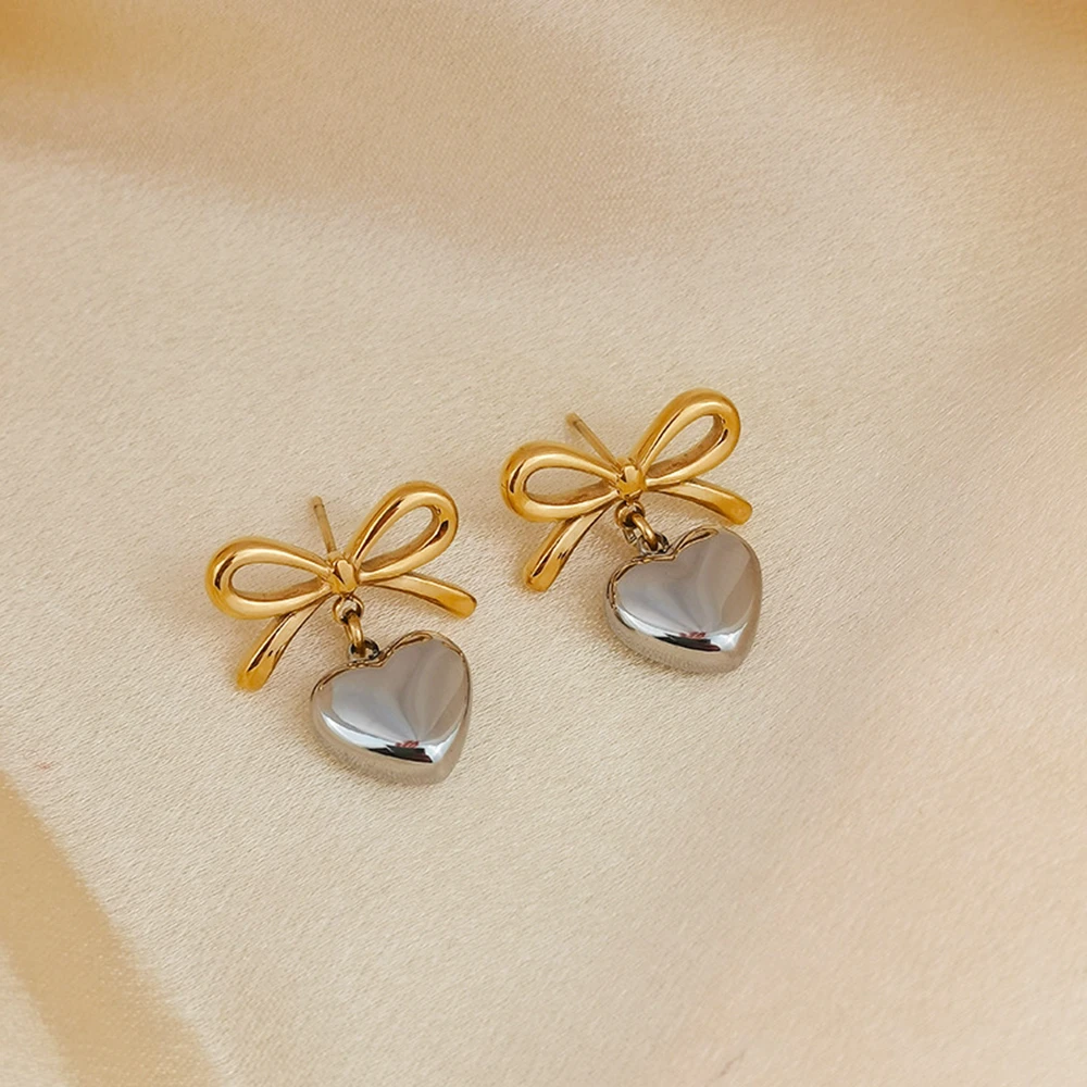 Y2K Bowknot & Puffed Heart Charms Drop Earrings Minimalist Elegant Jewelry Sweetheart Bow Grunge Gothic Earrings for Women