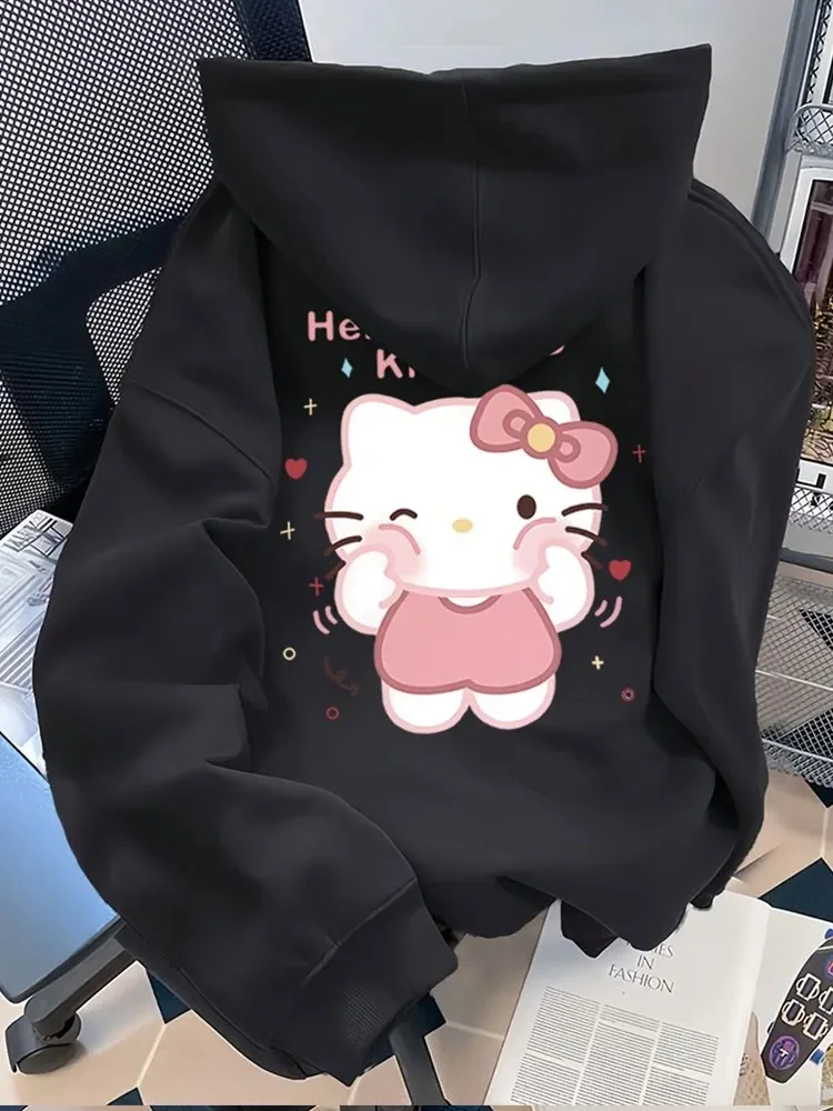 

Pure cotton American KT cat print hooded sweatshirt for women's autumn and winter casual loose retro fleece jacket
