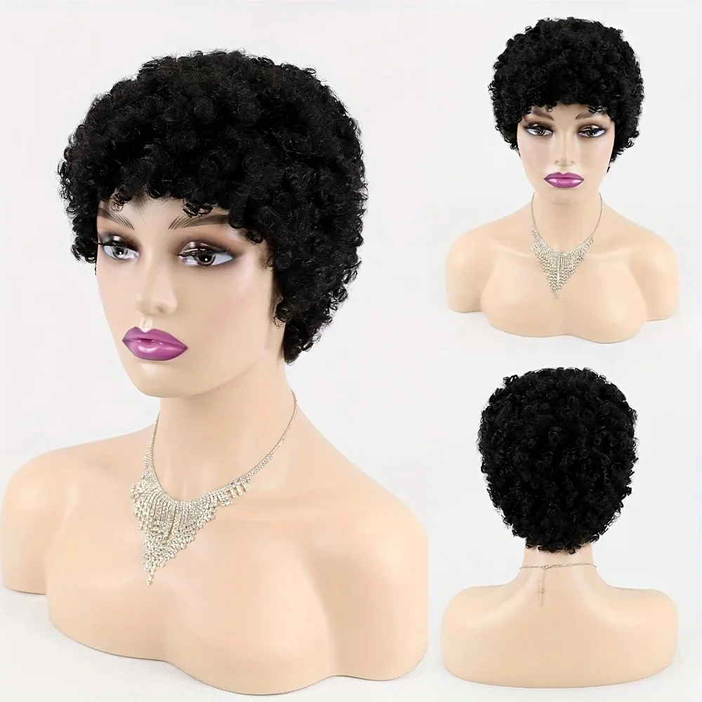 

Short Curly Wig with Bangs Human Hair Pixie Cut Natural Looking Wig for Women Machine Made