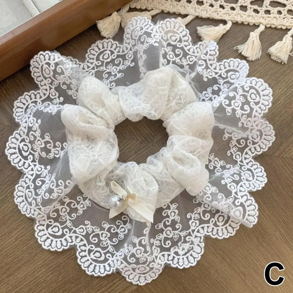 Ikat Rambut Elastis Bunga Mawar Mutiara Renda Perancis untuk Wanita Ikat Rambut Ikat Rambut Putih Krem Aksesori Rambut Ekor Kuda Q5R5