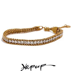 Yhpup Shiny Cubic Zirconia Stainless Steel Chain Gold Color PVD Plated Bracelet Bangle for Women High Quality Jewelry Waterproof