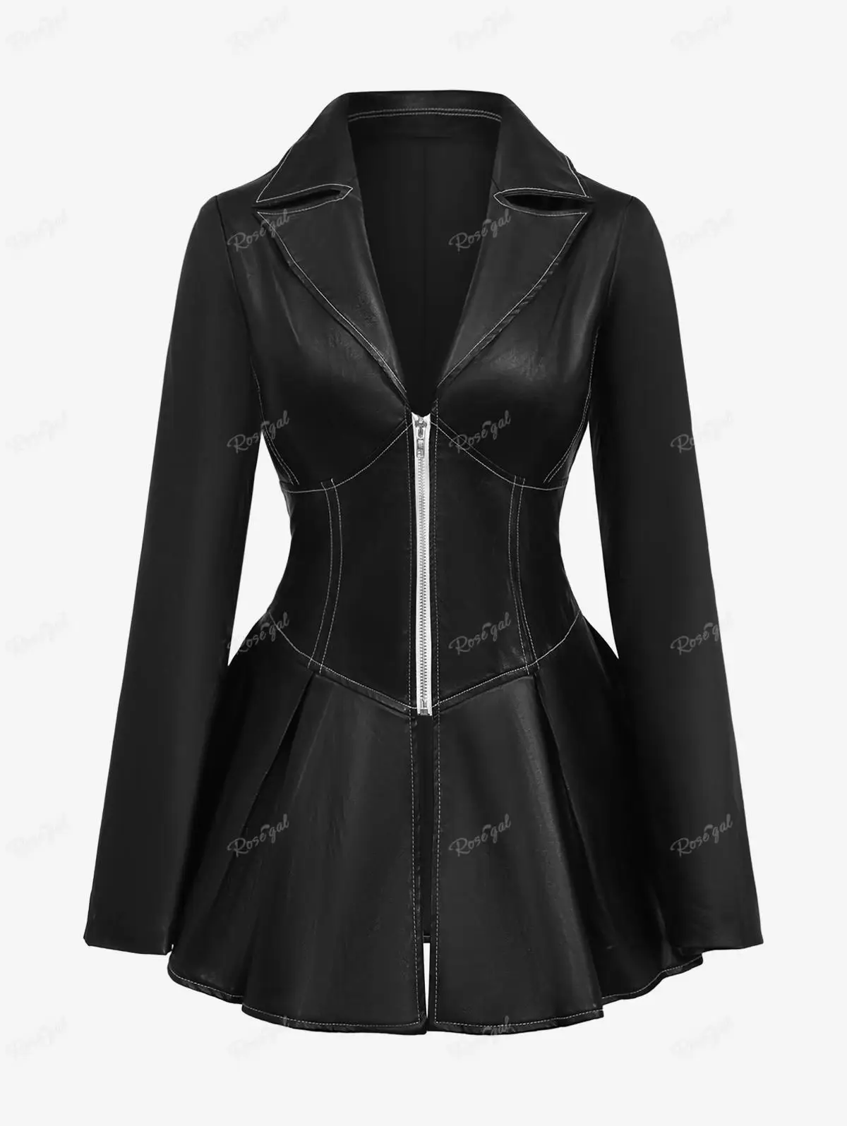 Abrigos góticos para mujer, cuello vuelto, Panel de PU, media cremallera, costura superior, corsé Peplum, abrigo de manga larga, prendas de vestir negras