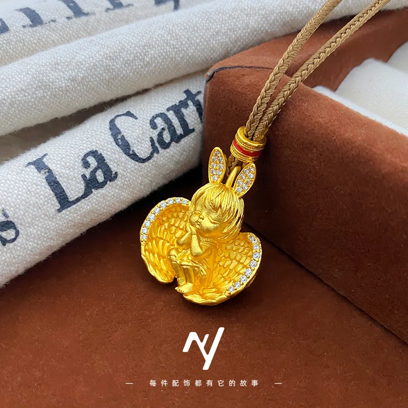 Dynar Jewelry   Light luxury design 24K real gold diamond wings sleeping little angel pendant braided rope 9999 necklace little