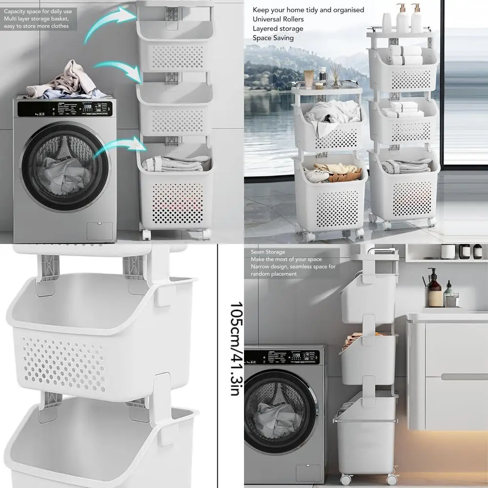 

Rolling 3-Tier Laundry Basket Organizer, Portable Storage for Home, Suitable for Kitchen, Bathroom, Bedroom, and Laundry Room