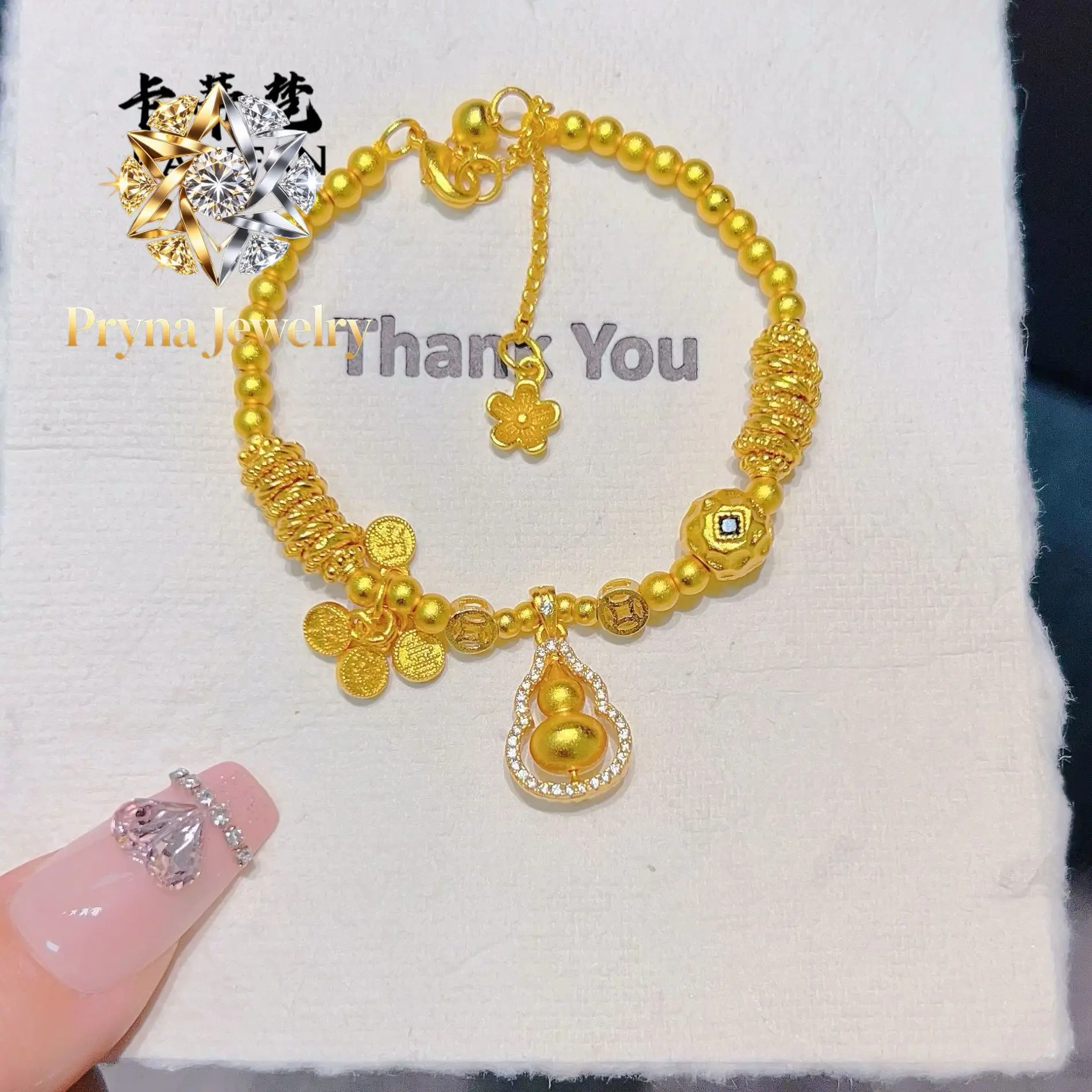 Pryna Jewelry   9999 24K real gold point drill rotating small gourd safe transport beads disk wrap bracelet women's high-end dis