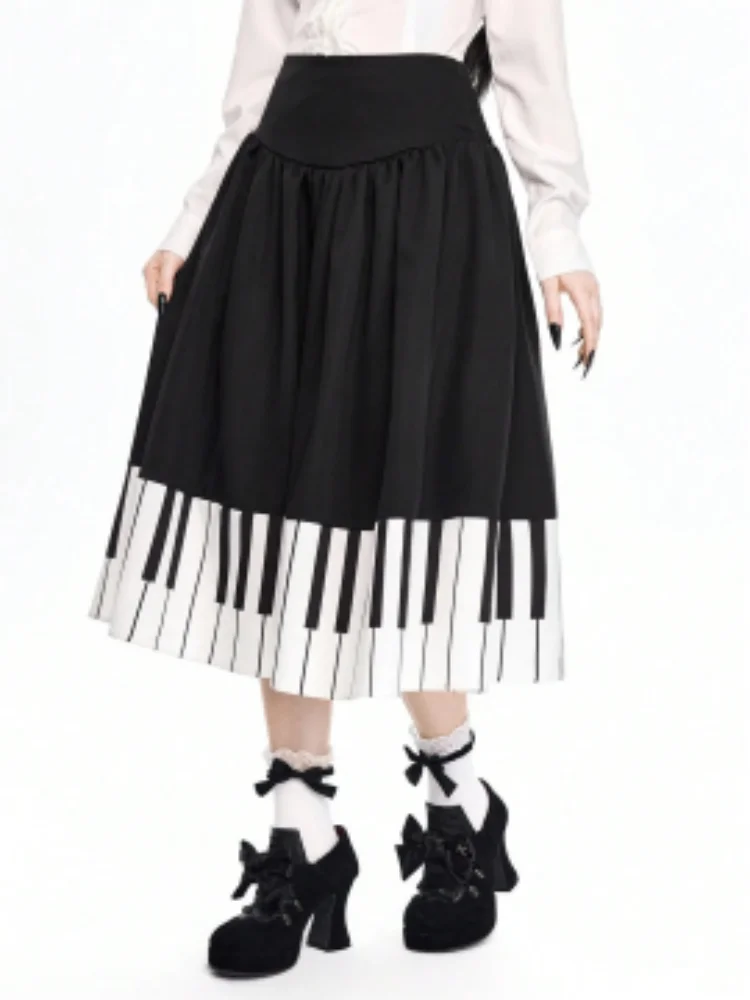 Piano Key Print Pleated Midi Skirt Women High Waist A-line Music Themed Skirt Fall Winter Y2K Casual Streetwear