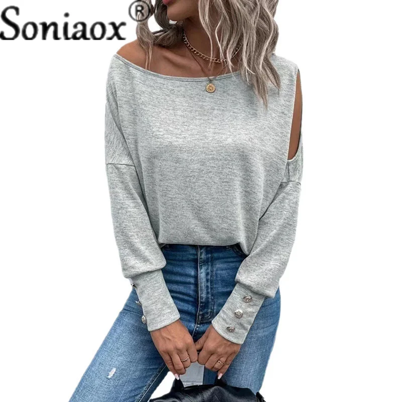 Fashion T-shirt Off The Shoulder Women Button Splicing Long Sleeves 2022 Autumn Solid Color Loose Street Casual Tops Ladies Tees