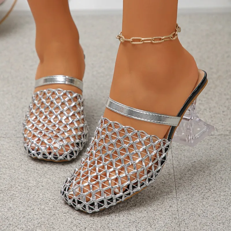 

Стильные новые женские римские сетчатые сандалии 2026 года, летние, высококачественные, с круглым носком, на высоком каблуке, из ПУ, удобные, низкие, для вечеринок