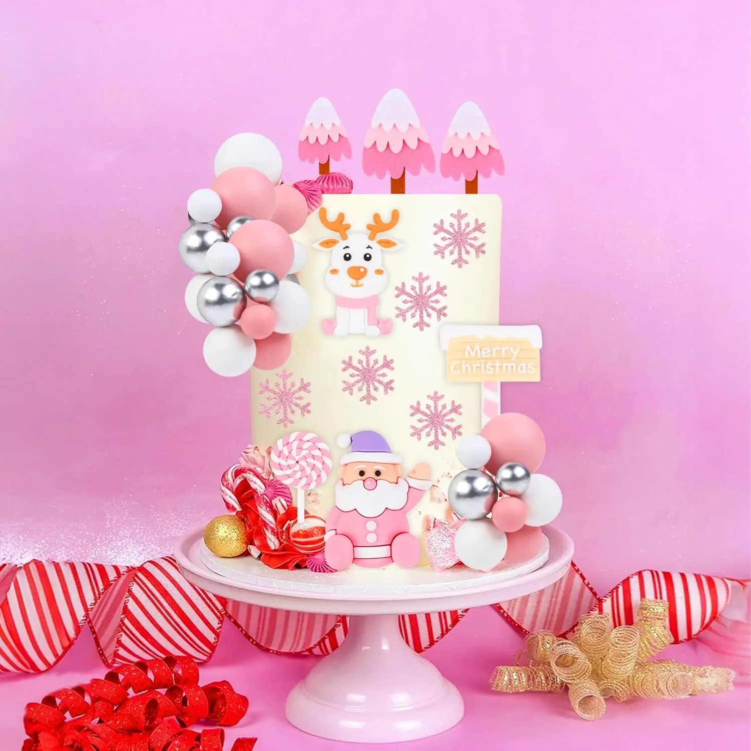 Alat peraga kue Natal Selamat Natal lolipop rusa Sinterklas dekorasi bola Natal perak putih merah muda perlengkapan pesta liburan musim dingin
