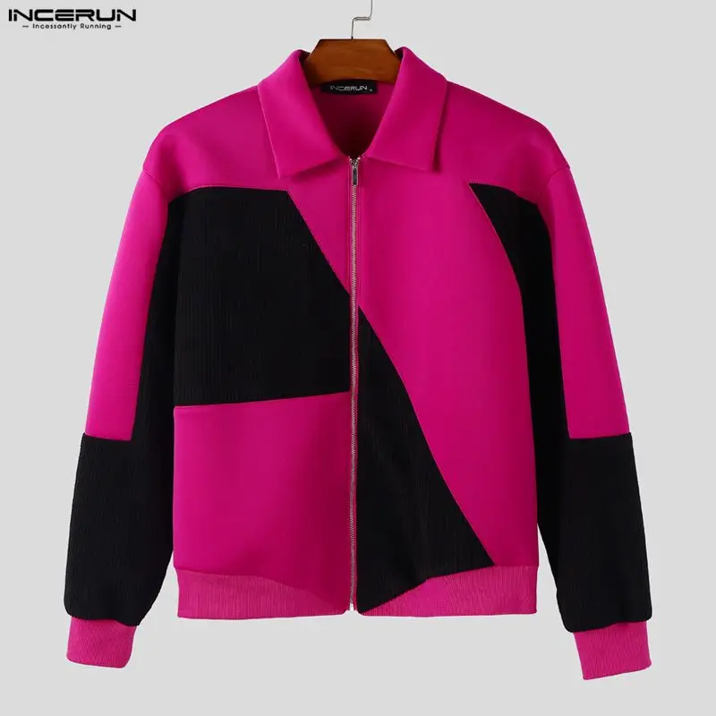 

INCERUN Men Jackets Patchwork Color-block Lapel Long Sleeve Male Coats Zipper Streetwear Fashion Loose Outerwear Jackets 2026