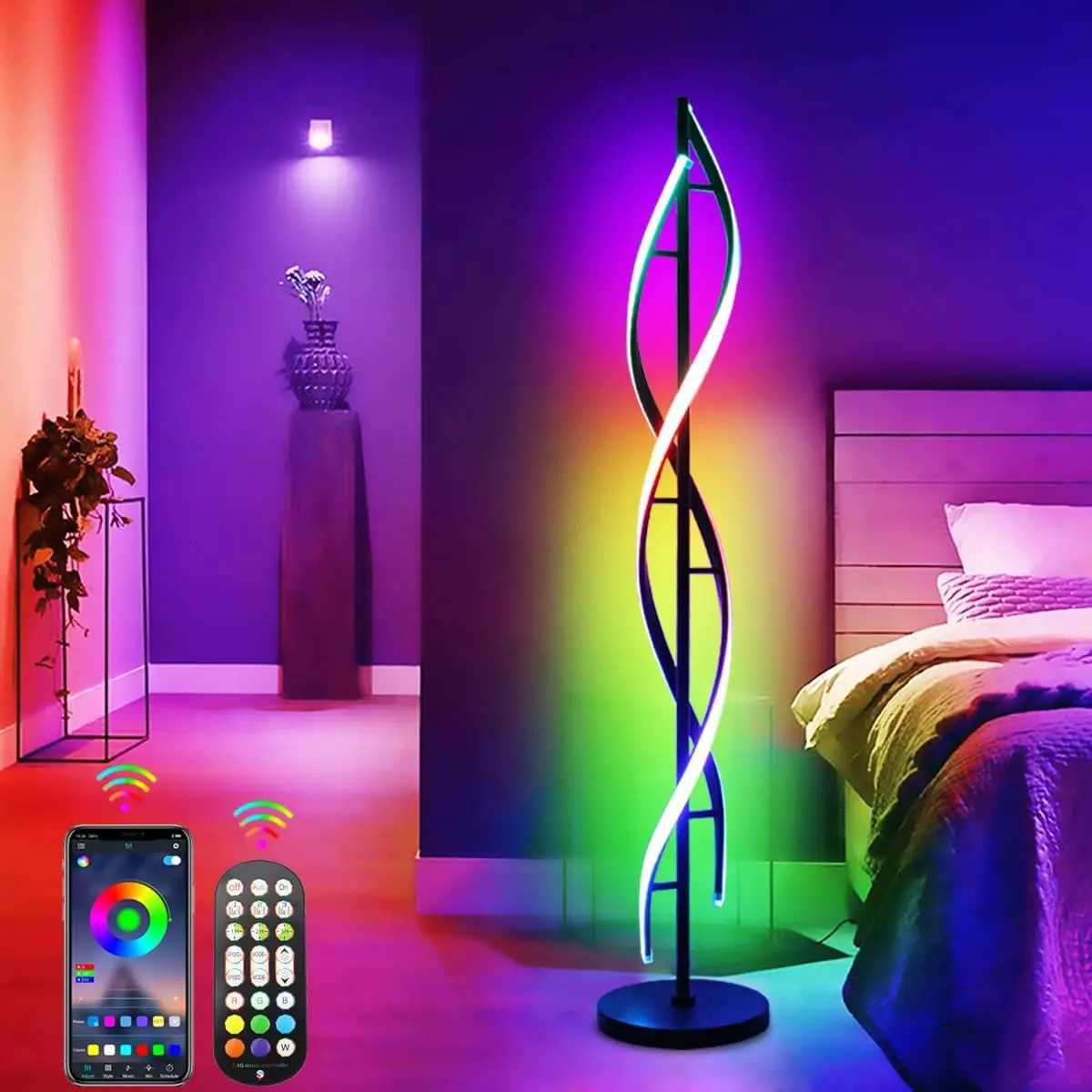 

RGB Spiral Floor Lamp with Remote, Dimmable Color Changing Mood Lighting for Living Room, Bedroom, Gaming - Black