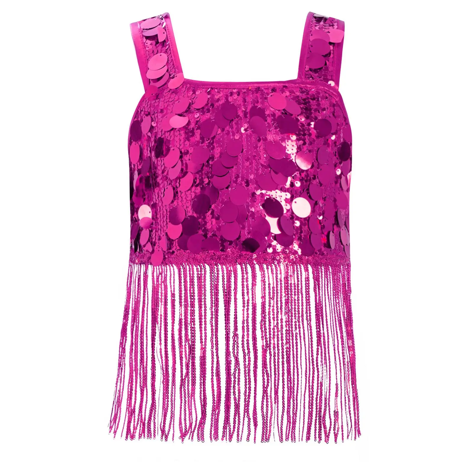 

Kids Girls Shiny Sequins Dance Top Camisole Hip Hop Jazz Latin Belly Dance Clothes Wide Shoulder Straps Tassels Top Vest Shirt
