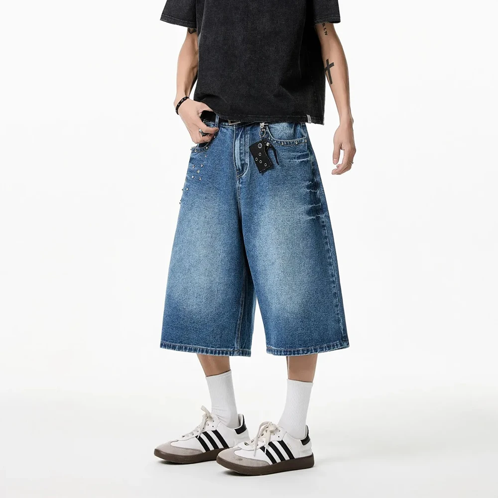 Verão novo masculino cor sólida em linha reta três quartos jeans americano retro moda tendência rua hip-hop solto casual bottoms masculinos