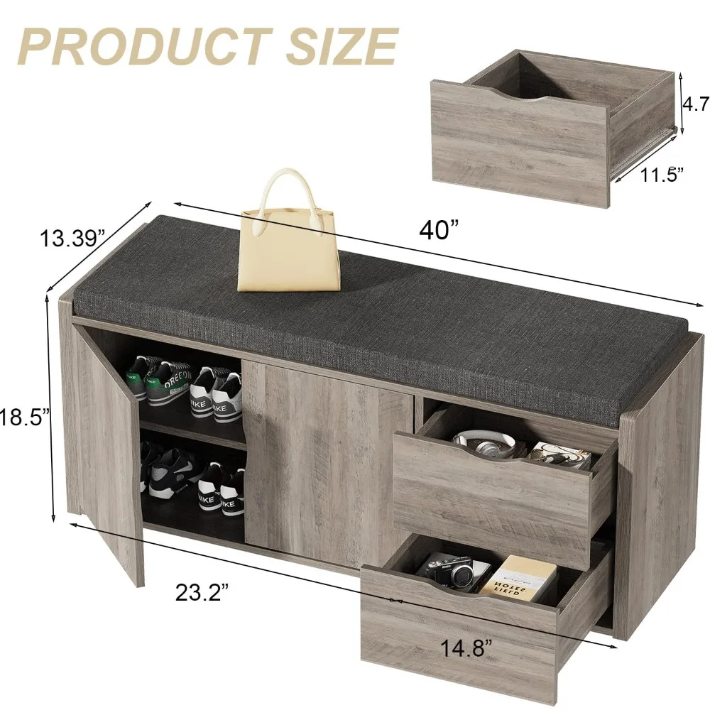 2-Tier Storage Bench with Padded Cushion, Entryway Shoe Bench with 2 Drawers, 2 Barn Doors & Adjustable Shelf,Customized