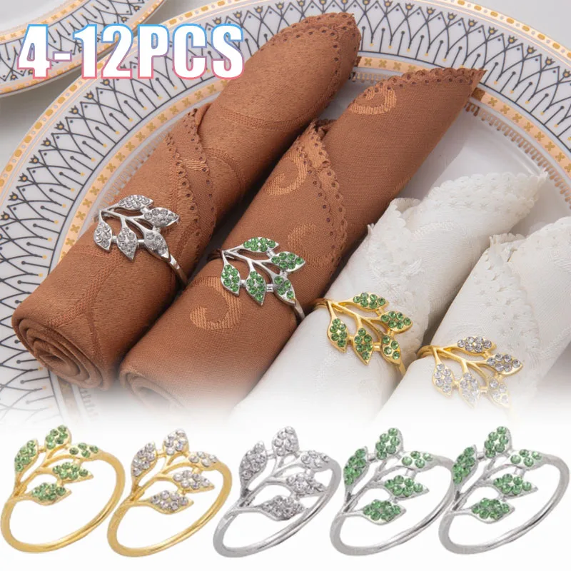 4-12PCS Green Leaf Rhinestone Napkin Rings Refined Dazzling Table Setting for Wedding Hotel Party Banquet Home Festive Dinner