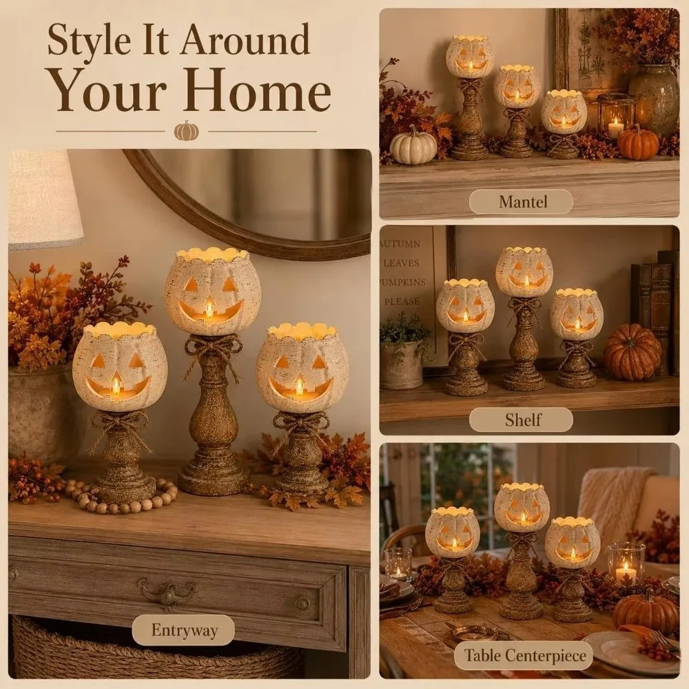 Cutout Face Pumpkin Tealight Candle Holder Retro Scalloped Top Pumpkin Tealight Holder Jute Bow Wood-Look Base