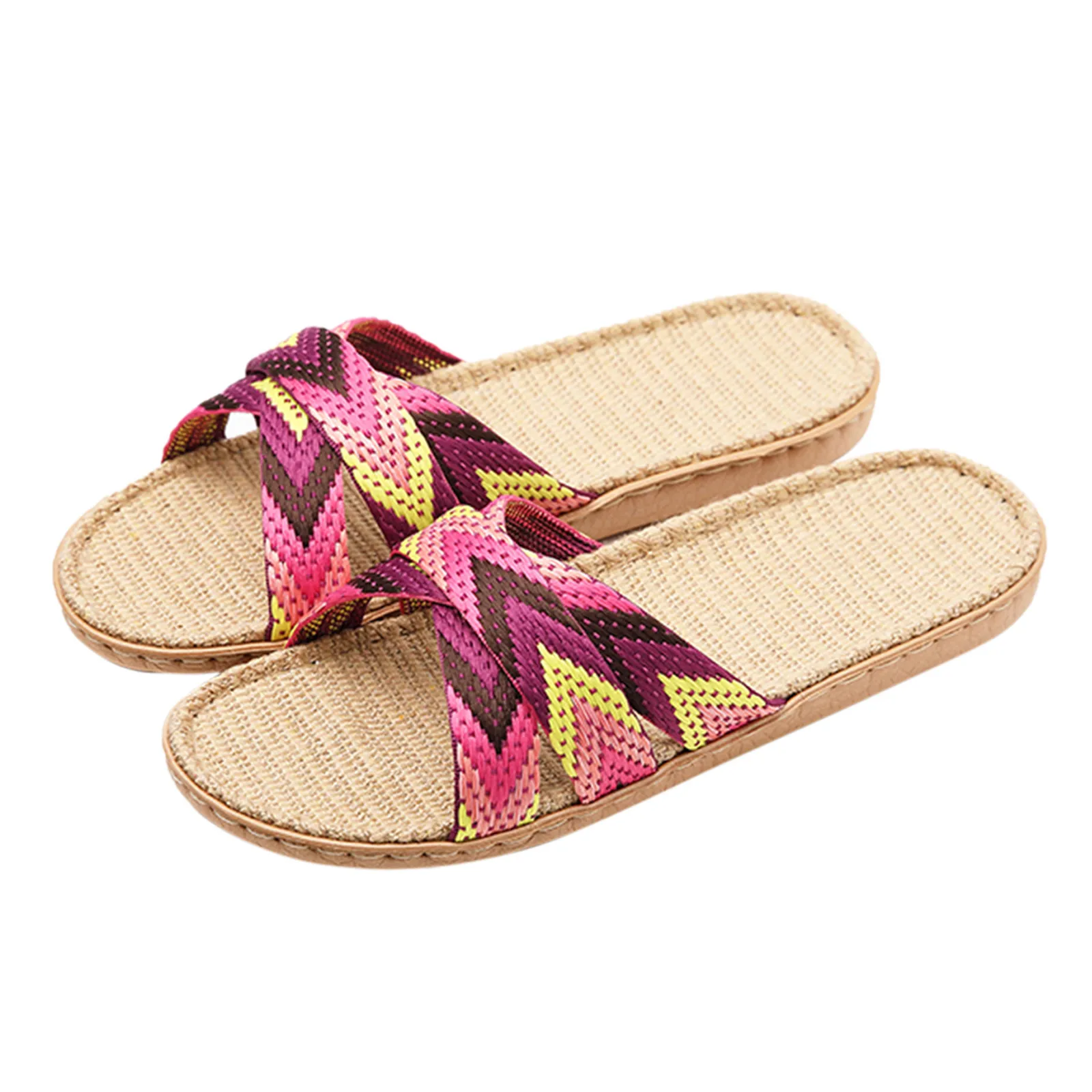 Multicolor Flax Slippers For Women Summer Linen Indoor Shoes Home Casual Beach Slides Cross Belt Ladies Flip Flops Sandals