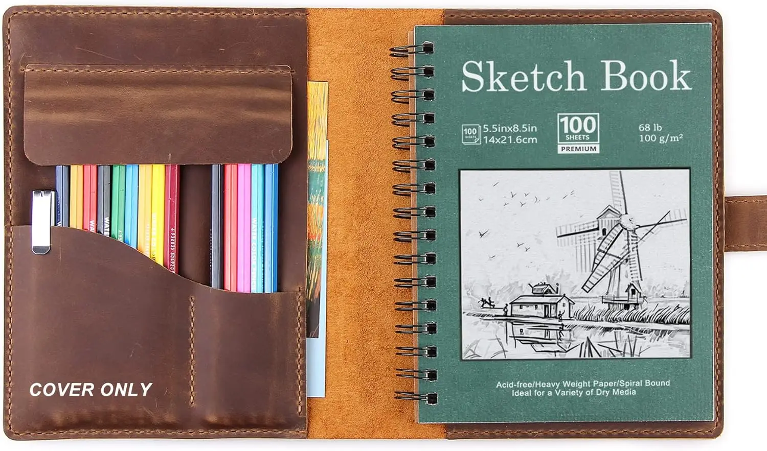 

Handmade Leather Sketchbook Cover for 5.5"x8.5" Sketch Pad, Pencil Case & Journal Portfolio - Brown