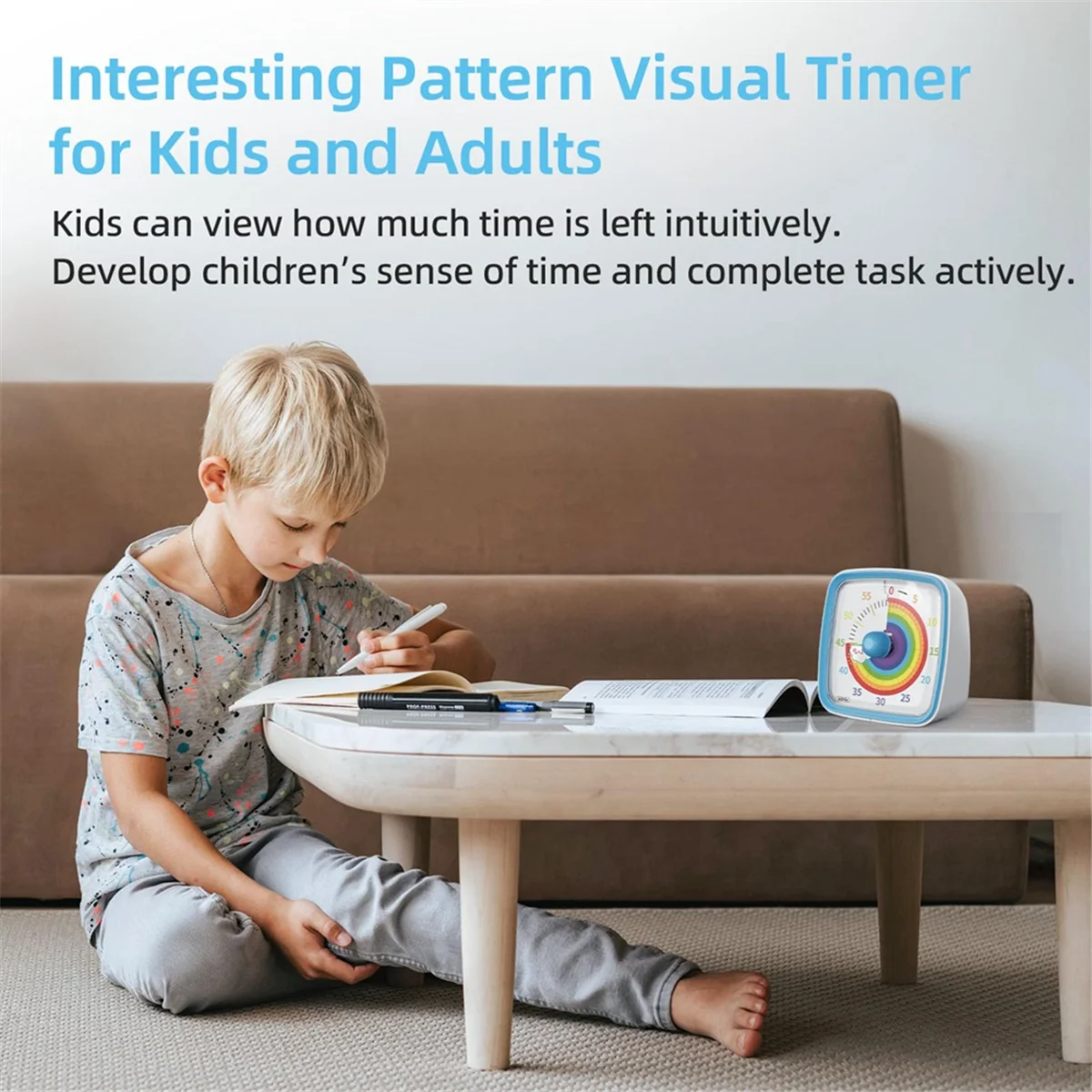 60-Minute Visual Timer with Night Light, Countdown Timer,Pomodoro Timer with Rainbow Pattern for Kids and Adults Blue