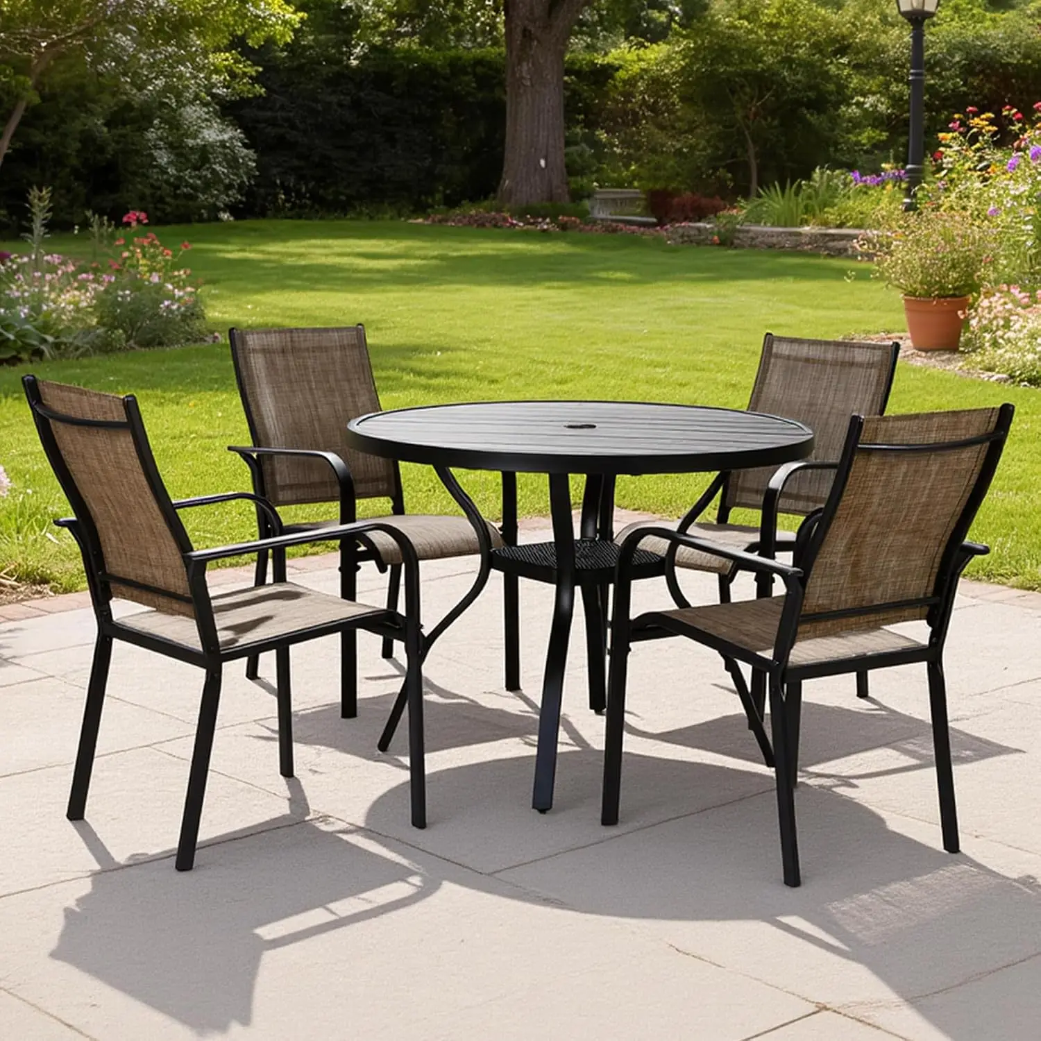 5-Piece Patio Dining Set, 4 Textilene Chairs & 1 Metal Table with Umbrella Hole, All Weather Lawn Garden, Customized