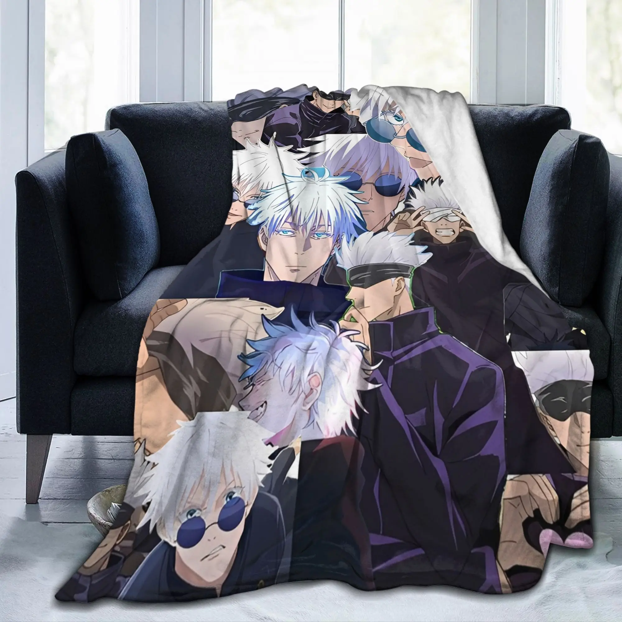 Jujutsu Kaisen Gojo Satoru Flannel Throw Blankets Anime Cool for Bedspreads Knitted Blanket Travel Lightweight Multifunction