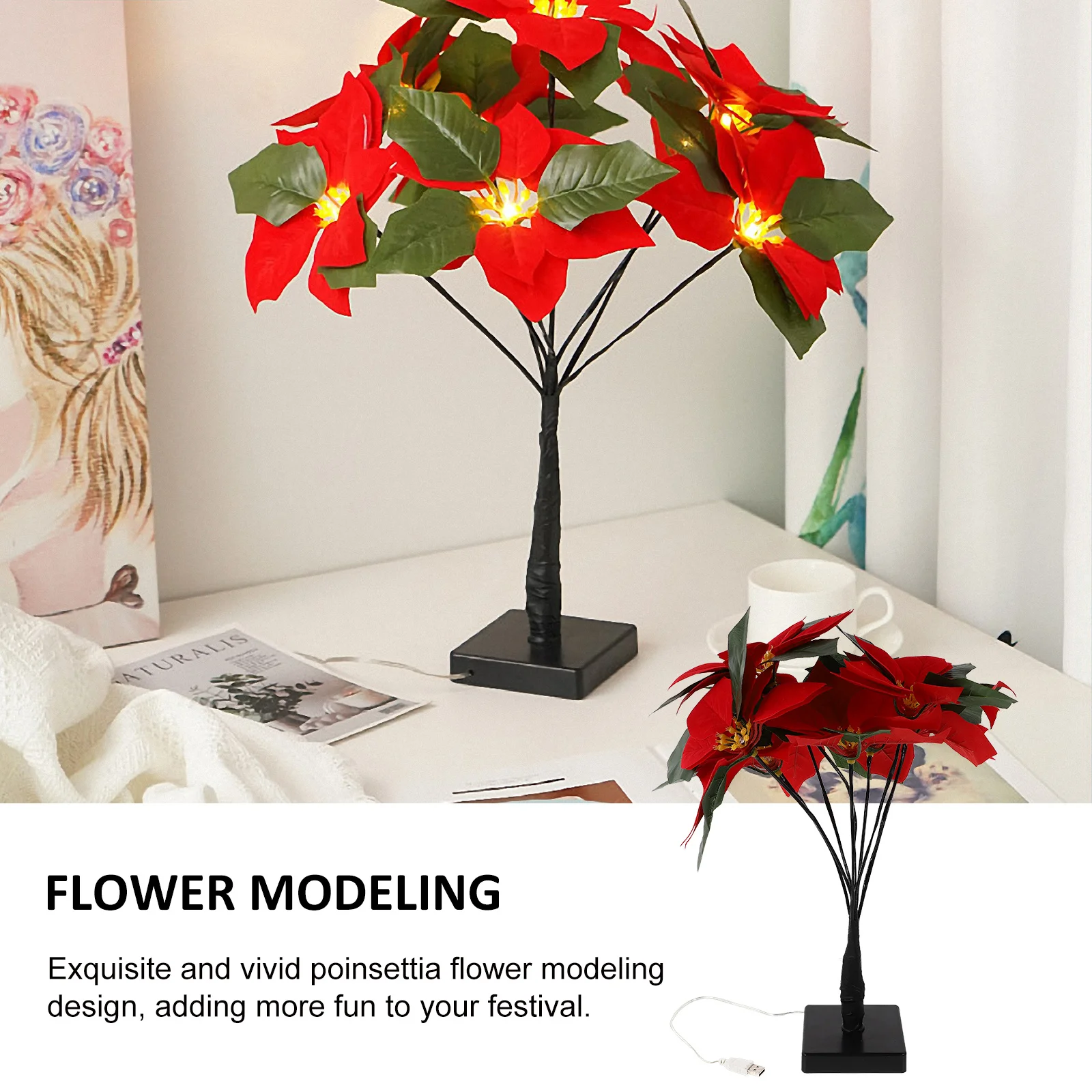 

Lighted up Poinsettia Tree Valentine's Day Lamp Artificial Poinsettias Decorations