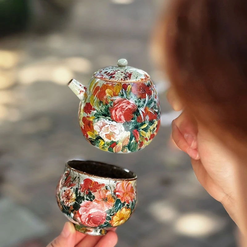 Jingdezhen retro oil painting style handmade pottery clay tea set 2 pieces
