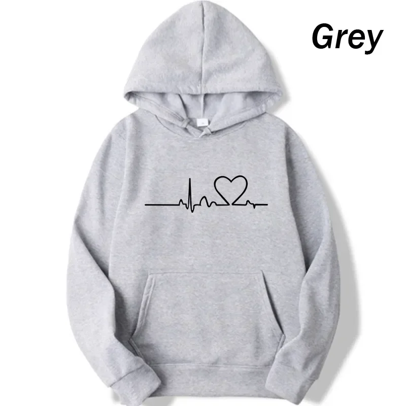 New Women Casual Hoodies Autumn/Winter Heartbeat Print Men Loose Hoodies Couple Sweatshirts Ladies Hooded Tops Streetwear