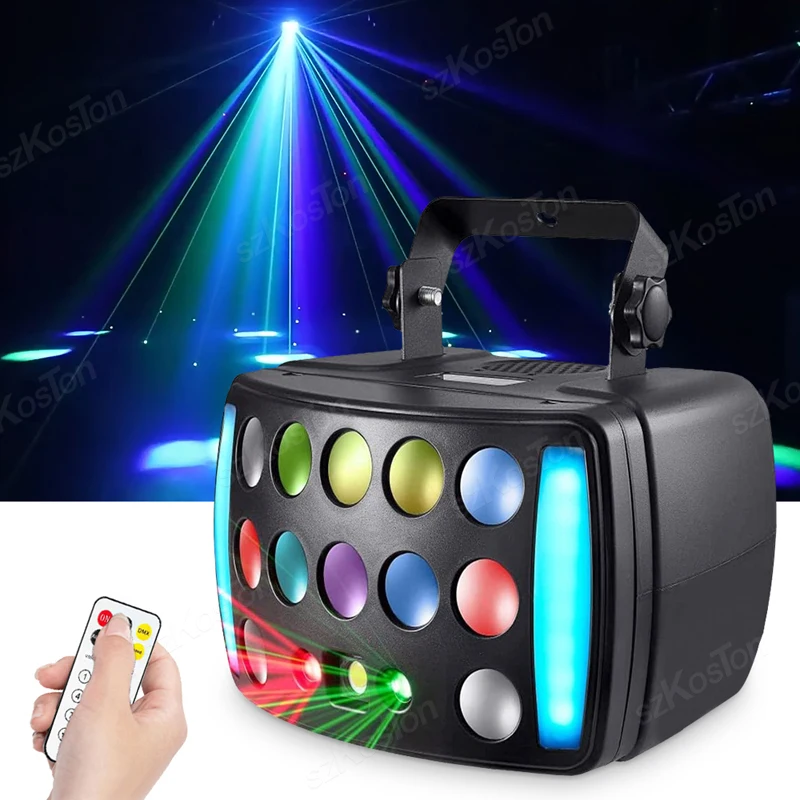 

LED DJ Disco Party Stage Light 4in1 Red Laser Rain Patterns LED Strobe RGBW Derby Beam Effect Holiday Wedding Club Dance Lamp