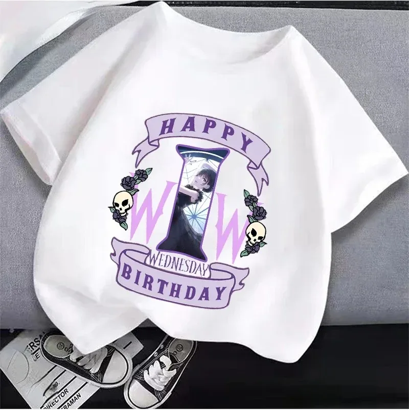2024 Nuovo Mercoledì Adams Abbigliamento per bambini Anime Summer Girl Compleanno Numero T-shirt Cartoon Abbigliamento Top per bambini Regalo