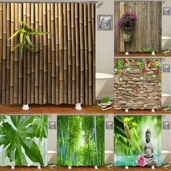 High Quality Green Bamboo Fabric Shower Curtain Waterproof Plant leaves Bath Curtains for Bathroom Decorate with 12 Hooks