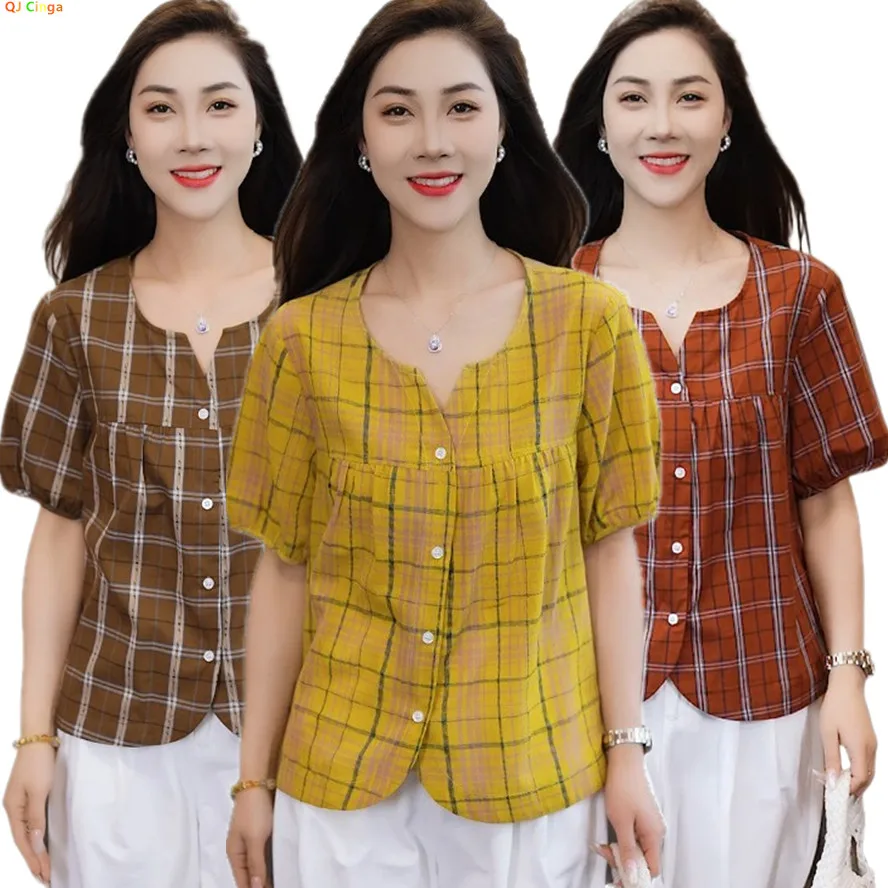 

Summer Women's Short-sleeved Plaid Shirt, 2025 Paragraph Paragraph Loose Tops Shirts, Red Yellow Coffee Color Optional