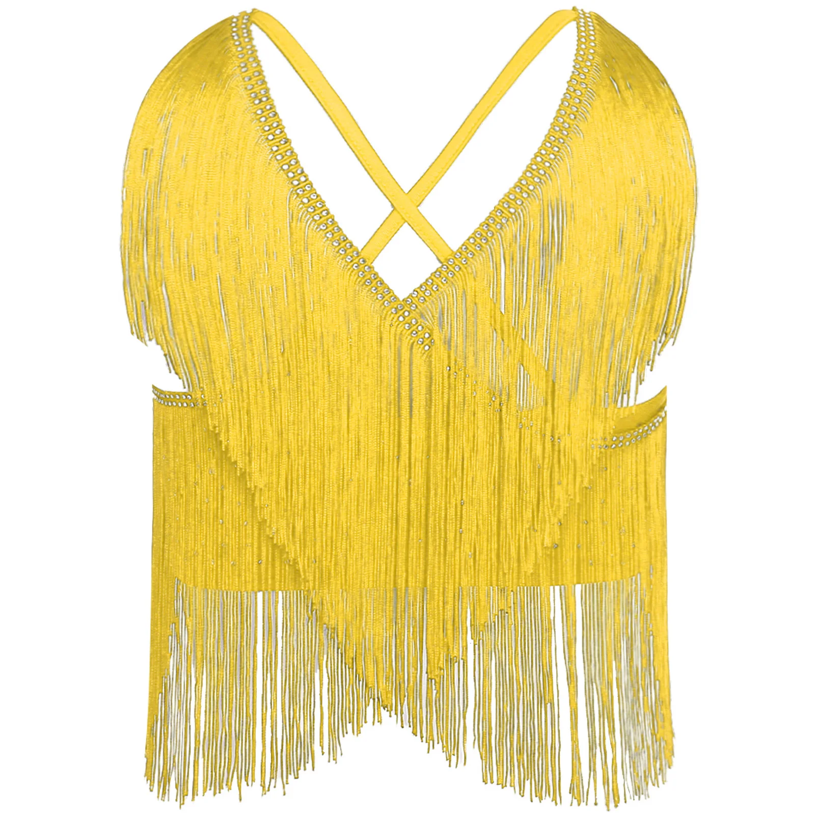 Womens Latin Cha-Cha Dance Performance Competition Costume V-Neck Sleeveless Crisscross Back Fringe Crop Top Salsa Rumba Samba