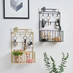 Nordic Simple Wall-mounted Key Hanger Creative Multifunctional Metal Jewelry Sundries Storage Rack with Basket Wall Decor