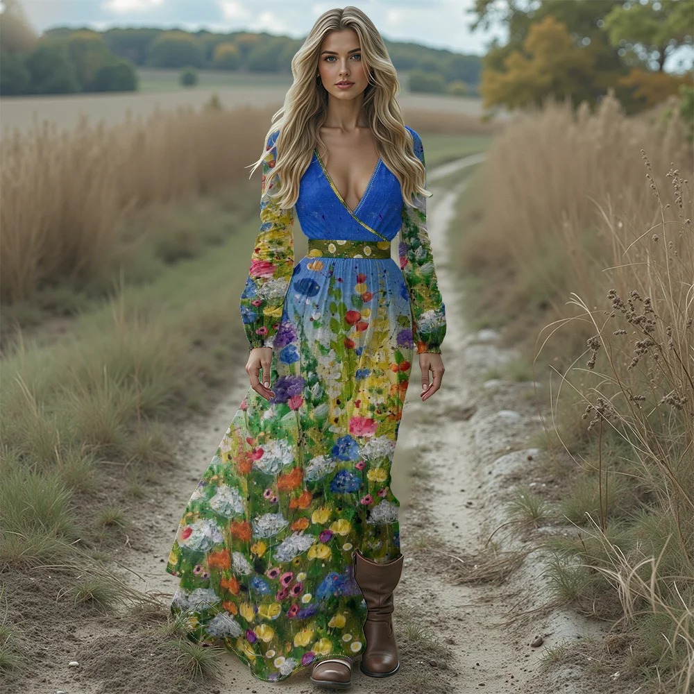 فستان بوهو شيك عميق على شكل حرف v مطبوع عليه زهور فستان ماكسي بأكمام طويلة وحاشية مكشكشة لقضاء العطلات فستان طويل مثير للخريف والشتاء #1