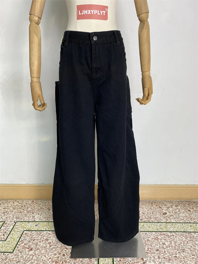 

Women's Loose Wide Leg Large Pockets Black Denim Trouser Cool Girl High Waisted Streetwear Fashion Pants Female Casual Jeans