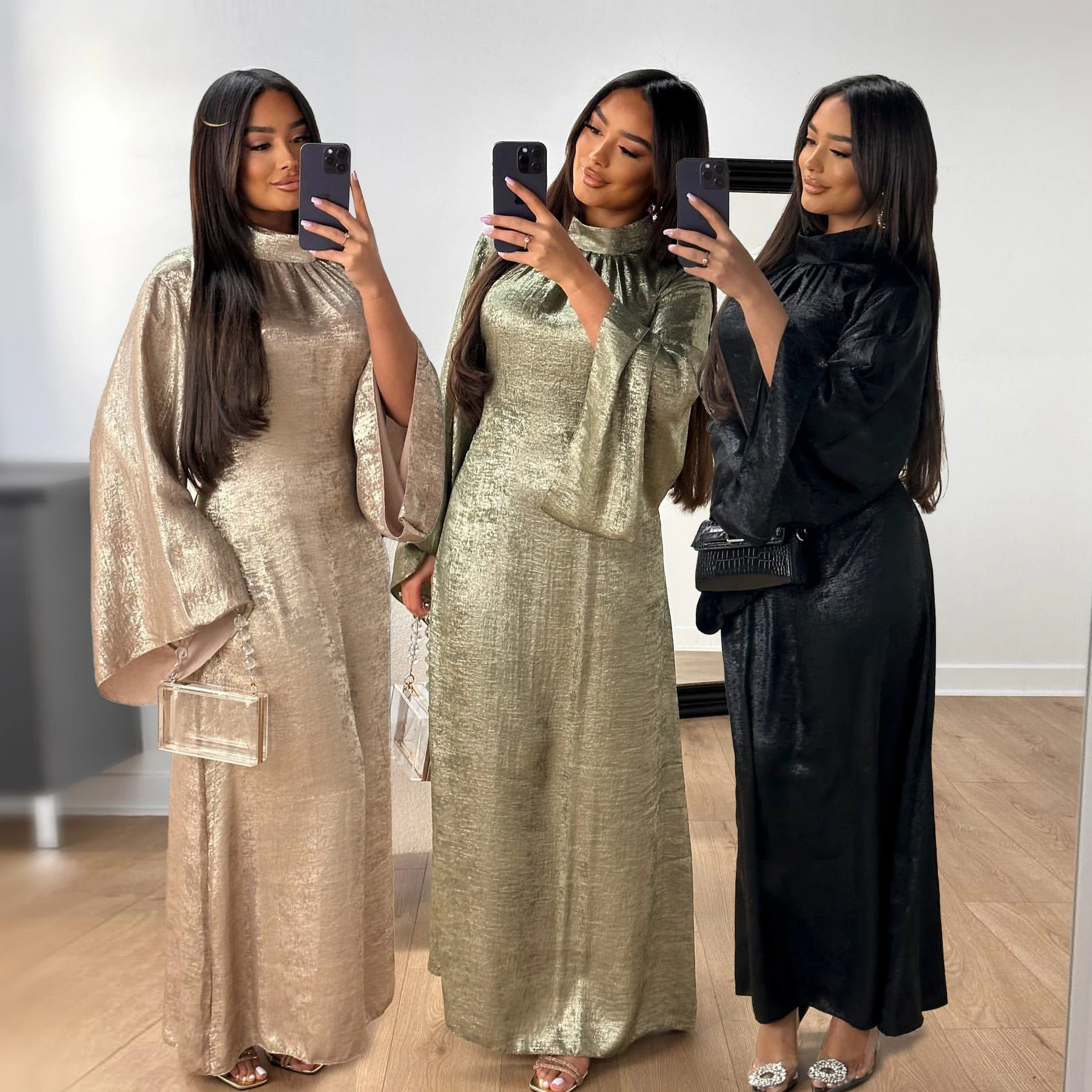 

New Modest Muslim Abaya Dress Long Sleeve Shinny Polyester Fashion Women Elegant Islamic Clothing Dubai Abayas