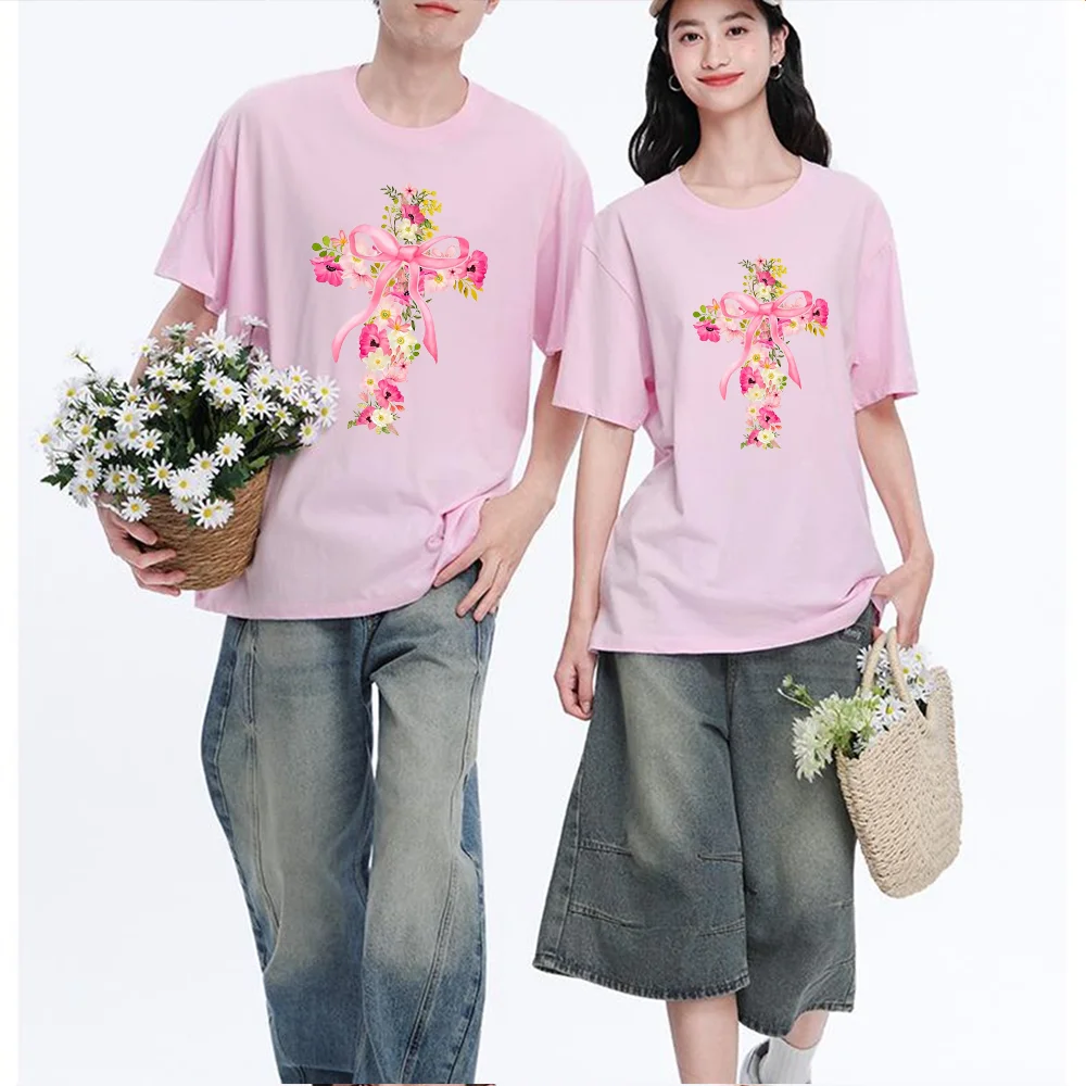 Floral Cross With Pink Bow Printed T Shirt Breathable Fabric S-XXL Personalized Custom Casual Short Sleeve Tee Aesthetic Graphic