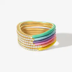 Mix CZ Neon Enamel Thin Slim Stacking Eternity Band Rings Colorful New Gold Plated Women Finger Jewelry